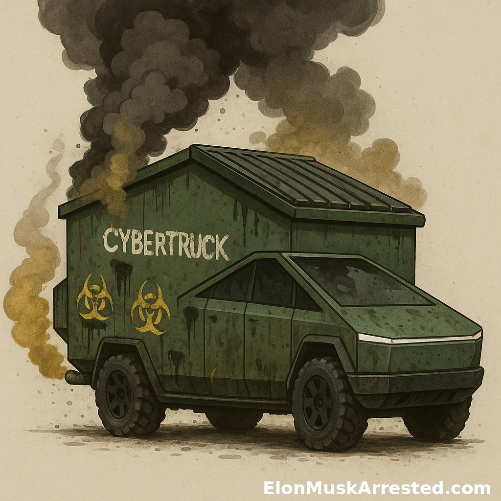 A digital illustration of a Tesla Cybertruck redesigned as a grimy green dumpster. The vehicle emits thick black smoke and yellow exhaust, with biohazard symbols on the sides and the word “CYBERTRUCK” spray-painted in white. The body is rusted and stained, visually representing pollution and environmental decay.