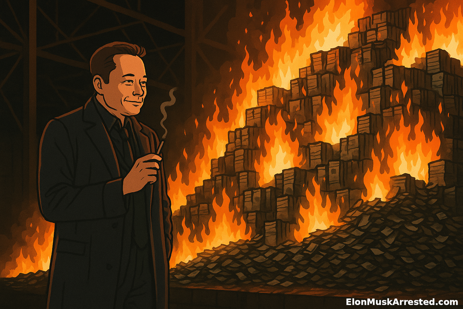 Illustration of Elon Musk in a dark suit standing beside a massive pile of cash engulfed in flames inside a dimly lit warehouse. He holds a lit cigarette and smirks while the fire blazes behind him, symbolizing financial recklessness or wasteful spending.