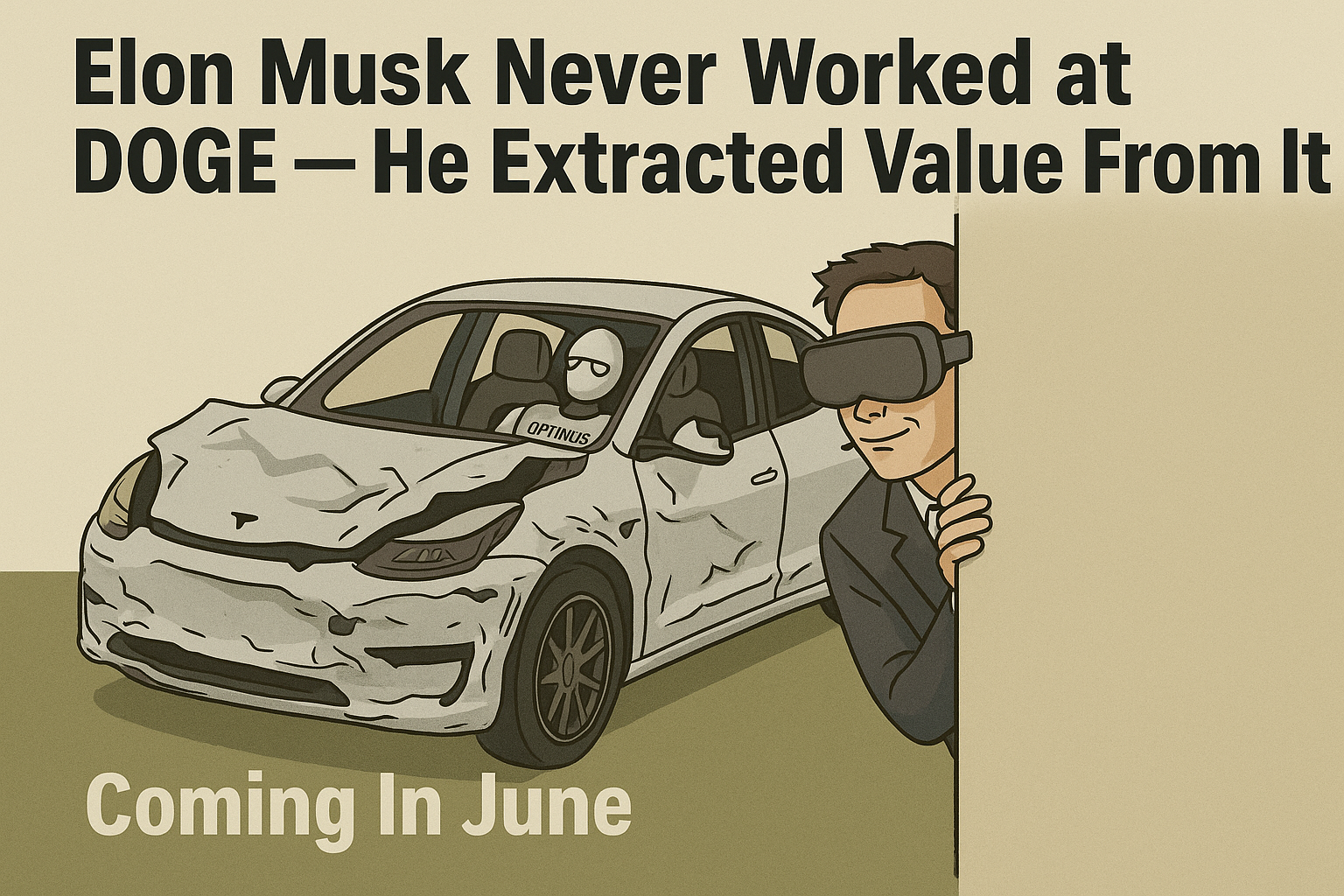 Satirical digital illustration of Elon Musk behind a corner, wearing a suit and VR headset, sneakily watching a banged-up Tesla with a broken Optimus robot in the front seat. The car is driverless, wrecked, and falling apart, labeled “Coming In June” as a jab at failed autonomy promises.
