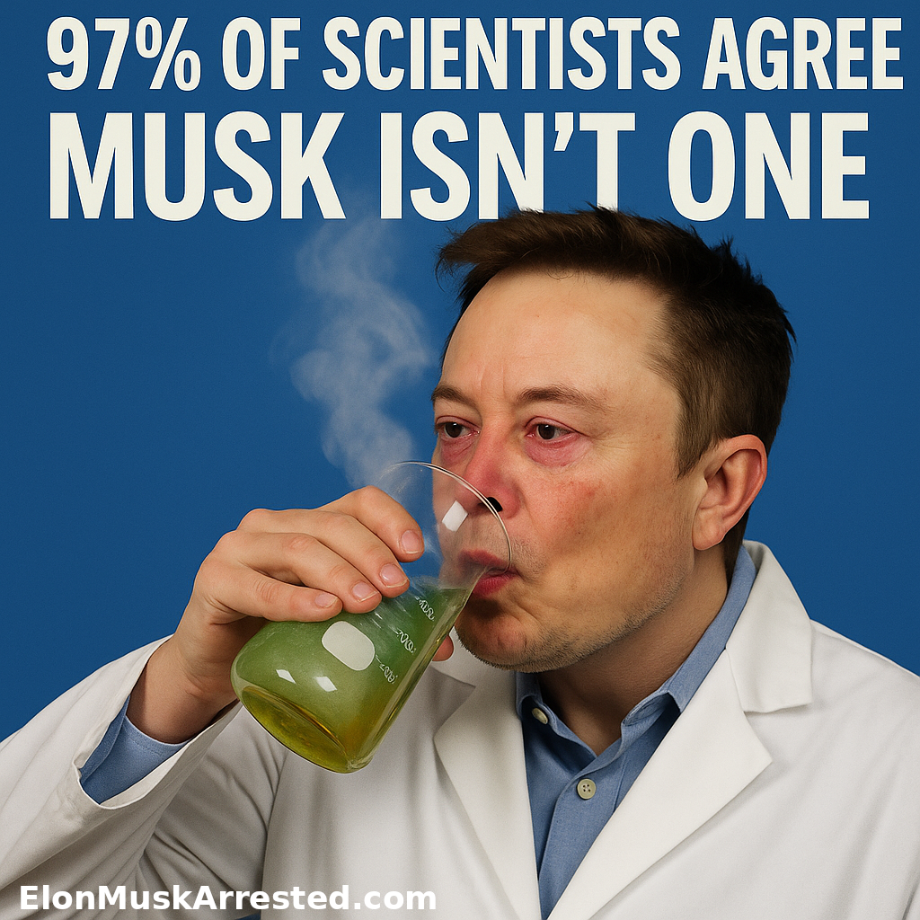 Elon Musk with exaggerated bloodshot eyes, sipping from a steaming beaker filled with suspicious chemicals. The image mimics a science lab setting and features overlaid text that reads: “97% of Scientists Agree: Musk Isn’t One.”