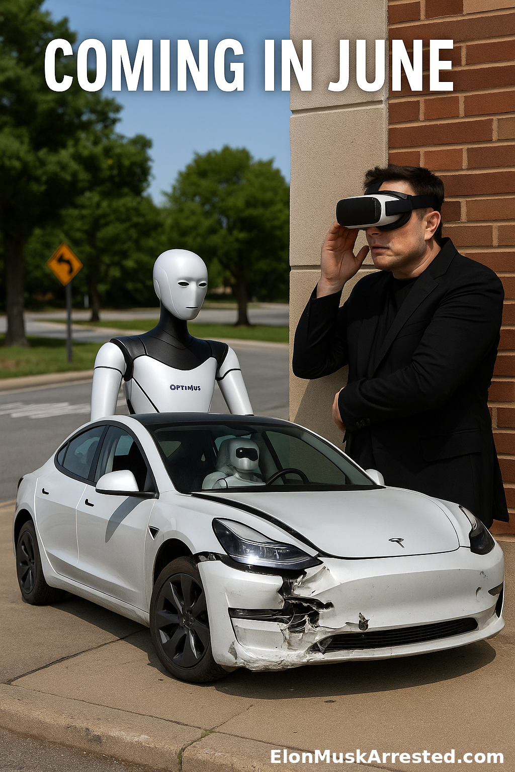 A damaged Tesla sits wrecked in the middle of the road with an Optimus robot dressed like a crash dummy in the passenger seat. The driver’s seat is empty. Around the corner, Elon Musk hides behind a wall wearing a VR headset, clearly teleoperating the car. Caption reads: “Coming In June.”