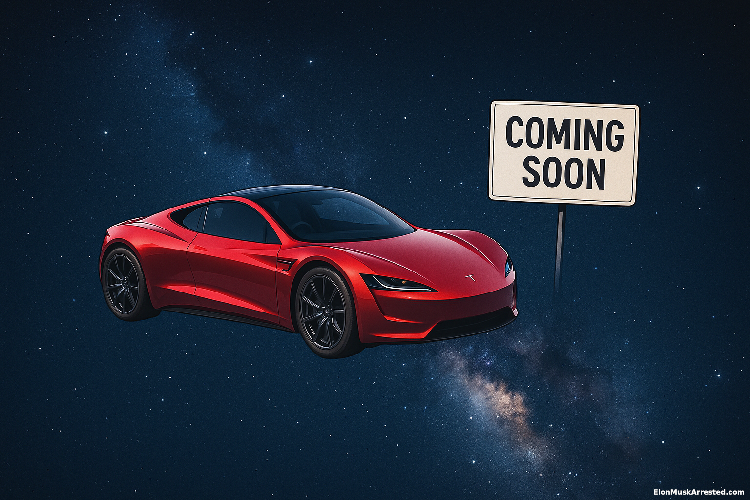 A Tesla Roadster floats in deep space next to a "COMING SOON" sign, still searching for a wormhole back to 2017.