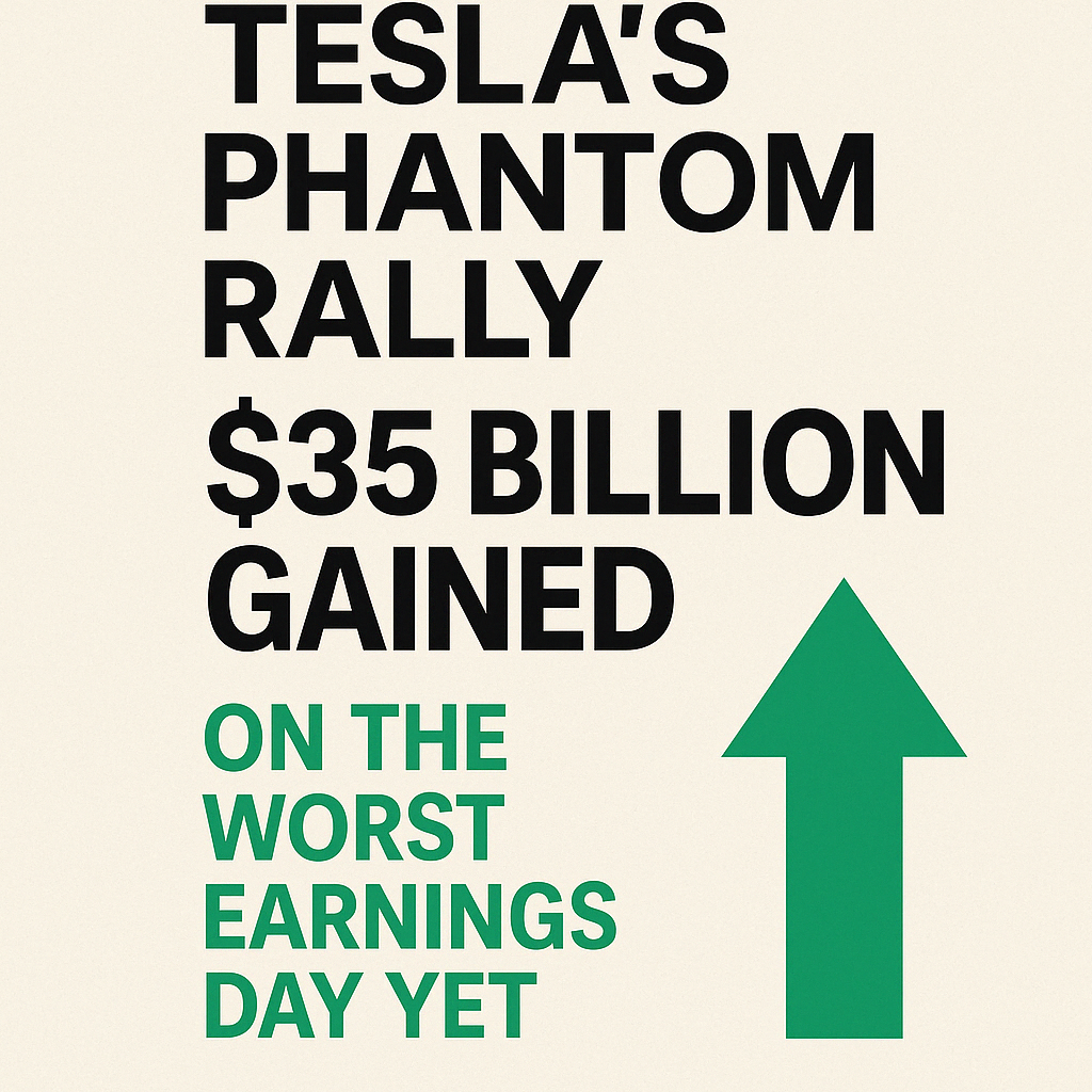 A bold graphic showing the headline “Tesla’s Phantom Rally – $35 Billion Gained on the Worst Earnings Day Yet” with a large green upward arrow, symbolizing Tesla’s unexpected stock surge despite negative financial news.
