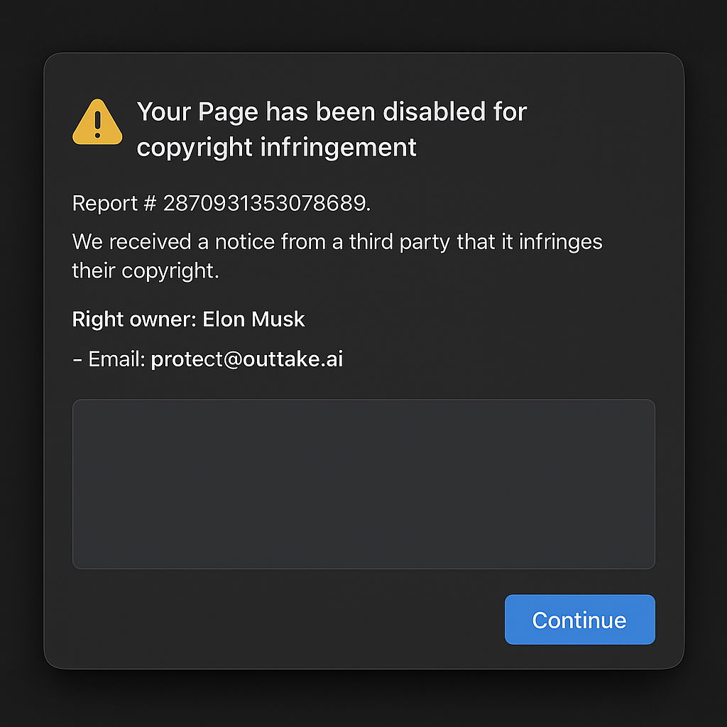 Screenshot of a Facebook copyright infringement notice listing Elon Musk as the rights owner and showing an email from protect@outtake.ai