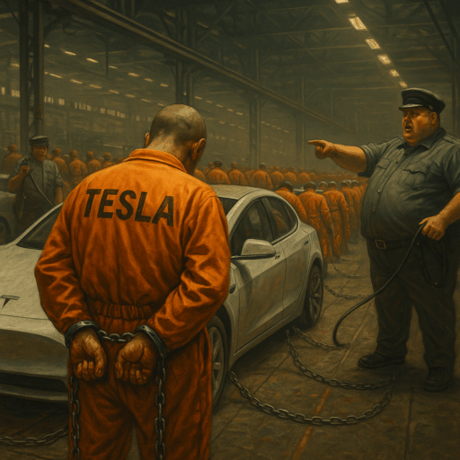 Inmate in an orange Tesla jumpsuit polishes a car under the supervision of a prison guard, with rows of other prisoners working in the background.