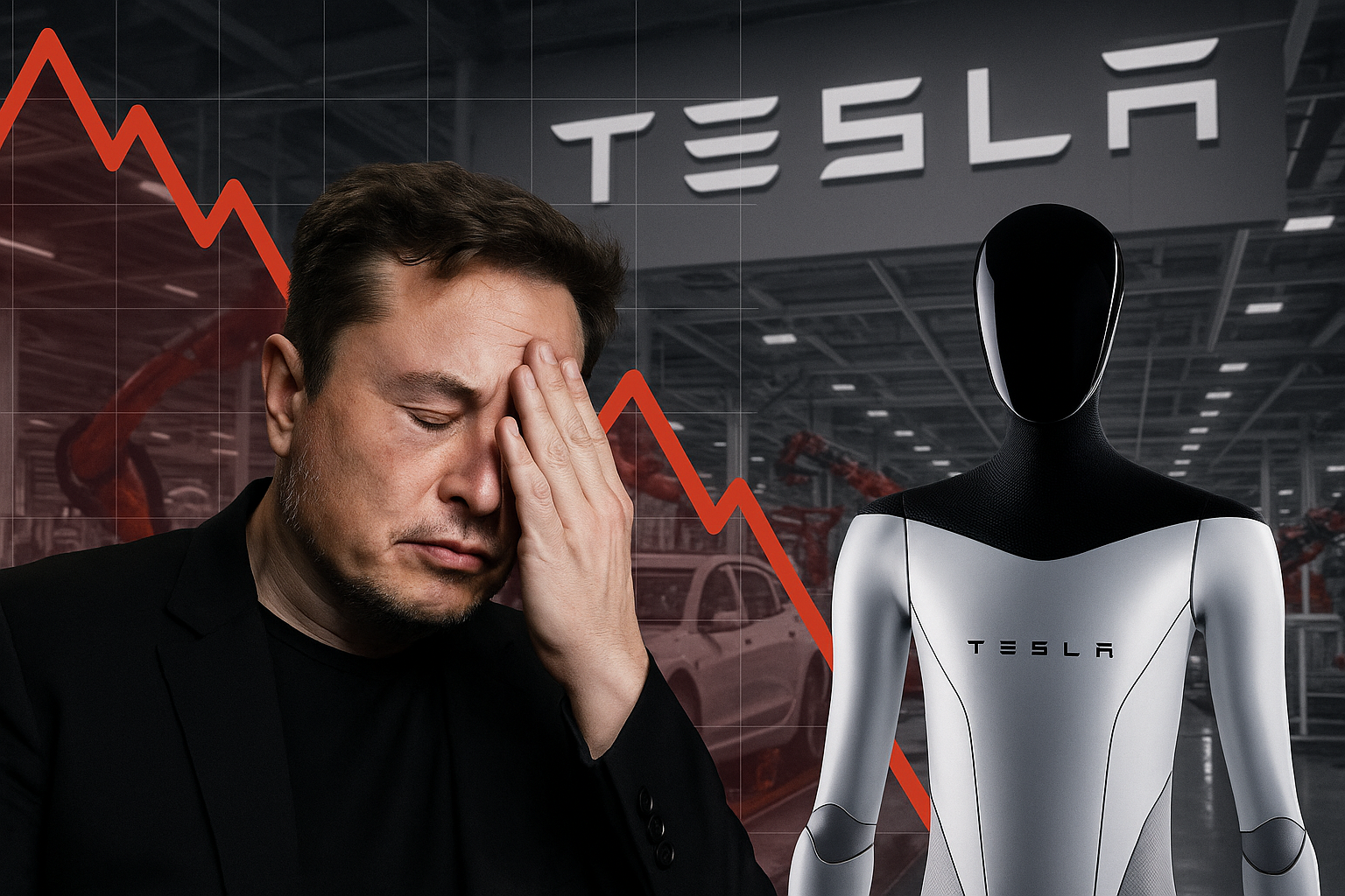 Elon Musk holding his face in frustration beside a Tesla humanoid robot, with a red downward stock chart and Tesla factory in the background — representing Tesla’s inflated valuation and crumbling promises.
