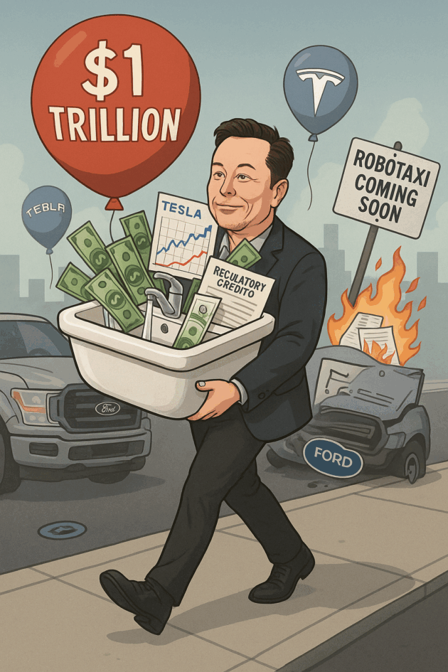 Elon Musk carries a sink overflowing with cash, Tesla stock charts, and regulatory credit papers as a "$1 Trillion" balloon floats above and a crushed Ford truck lies behind him.